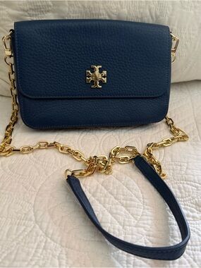 Tory Burch Navy Pebbled Leather Chain Crossbody with Gold Hardware